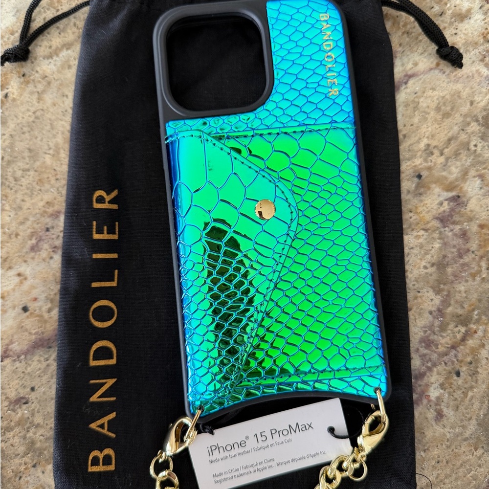 Bandolier Ariel Iridescent Green Wallet Case w/ Gold Hardware iPhone 15 Pro Max